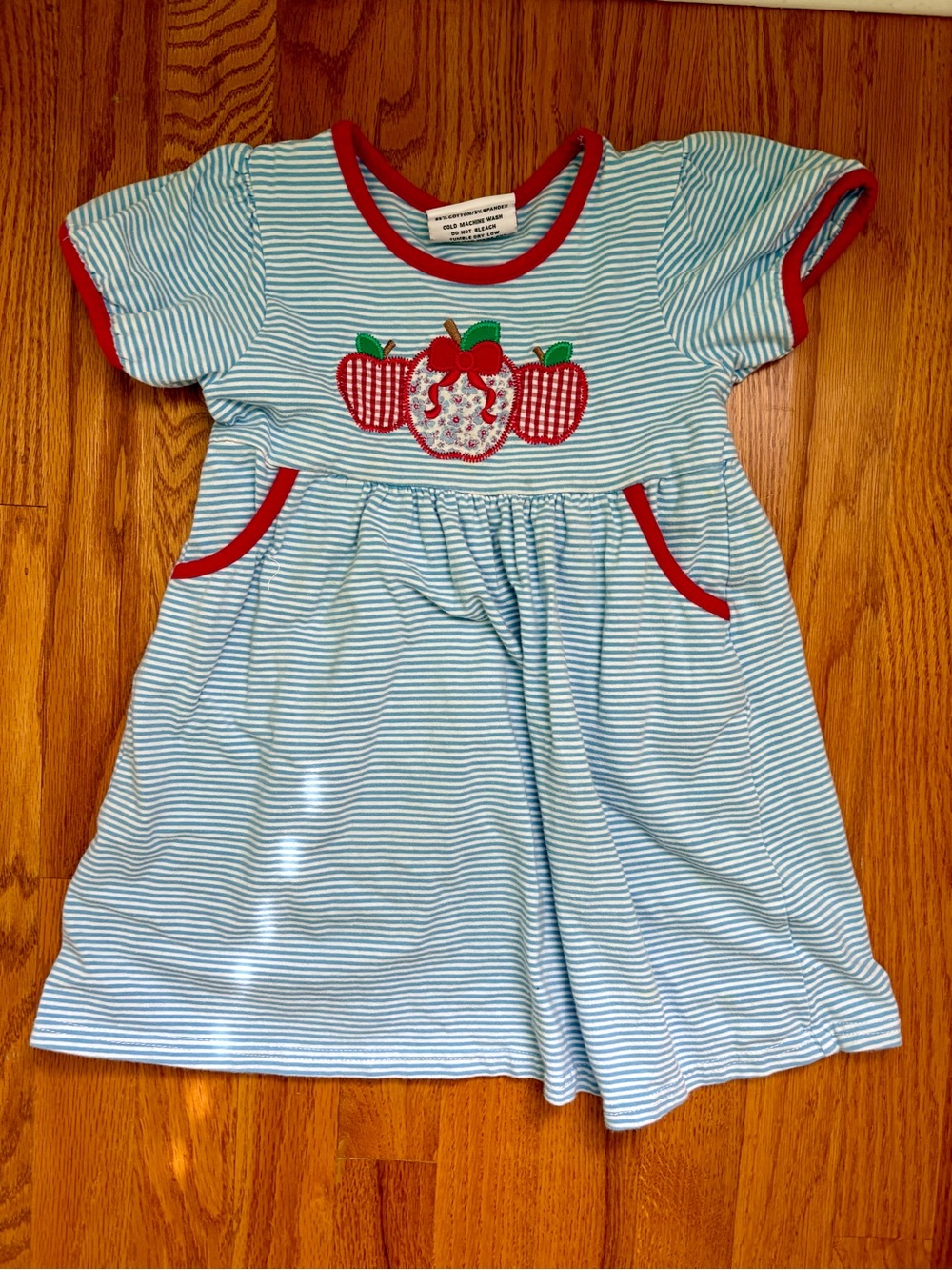 Jelly Beans Blue & White Striped Dress with Red Apple Appliqués